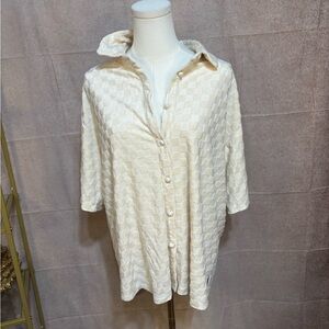 Bailey Rose Textured Checkerboard Button Front Blouse Ivory Short Sleeve Top M